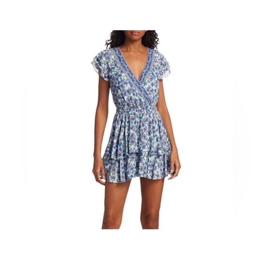 Alice + Olivia Women’s 6 Blue/Purple V-Neck Ruffled Sleeve/Skirt Smocked Romper